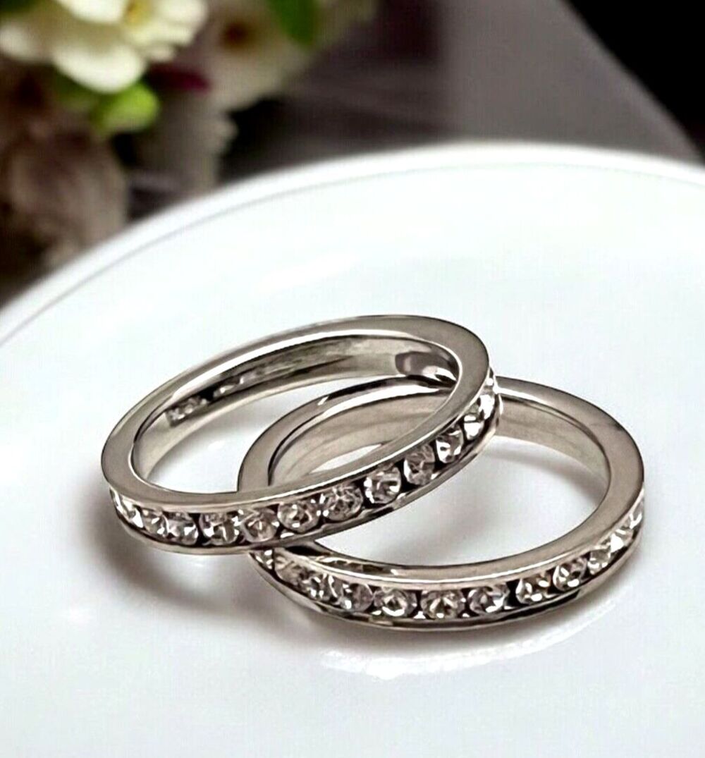 New Boutique Ring Set Size 9 Stackable Bands Clear Crystals - 2P